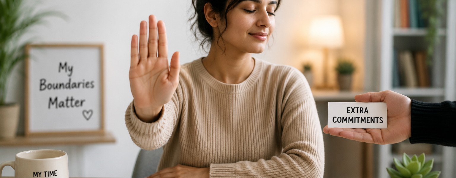 Confident young woman making a stop gesture to set healthy boundaries and say no without feeling guilty, symbolizing self-respect and emotional well-being."