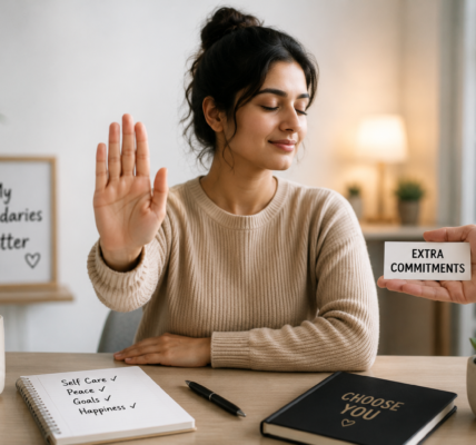 Confident young woman making a stop gesture to set healthy boundaries and say no without feeling guilty, symbolizing self-respect and emotional well-being."