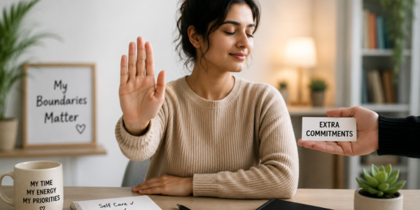 Confident young woman making a stop gesture to set healthy boundaries and say no without feeling guilty, symbolizing self-respect and emotional well-being."