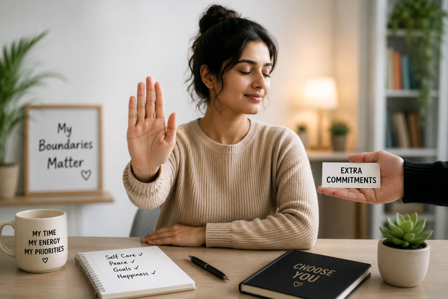 Confident young woman making a stop gesture to set healthy boundaries and say no without feeling guilty, symbolizing self-respect and emotional well-being."
