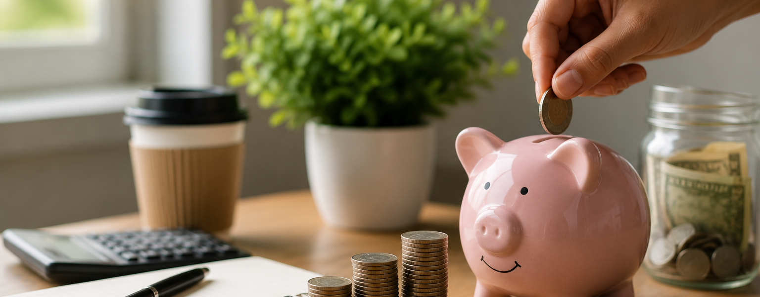 and placing a coin into a pink piggy bank beside stacked coins, notebook, calculator, and savings jar, symbolizing smart budgeting and saving ₹10,000 a month."