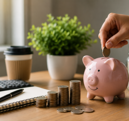 and placing a coin into a pink piggy bank beside stacked coins, notebook, calculator, and savings jar, symbolizing smart budgeting and saving ₹10,000 a month."