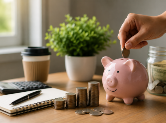 and placing a coin into a pink piggy bank beside stacked coins, notebook, calculator, and savings jar, symbolizing smart budgeting and saving ₹10,000 a month."