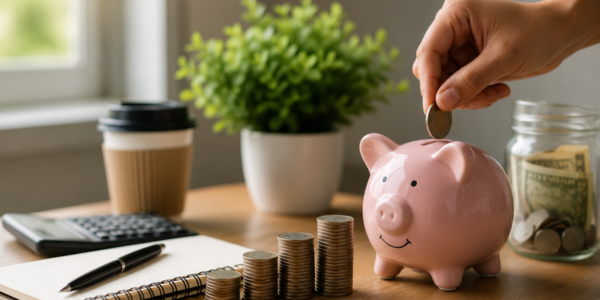 and placing a coin into a pink piggy bank beside stacked coins, notebook, calculator, and savings jar, symbolizing smart budgeting and saving ₹10,000 a month."