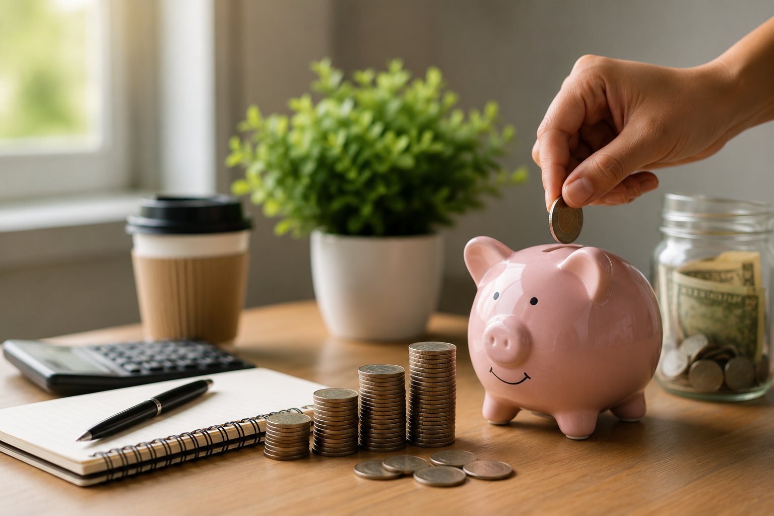 and placing a coin into a pink piggy bank beside stacked coins, notebook, calculator, and savings jar, symbolizing smart budgeting and saving ₹10,000 a month."