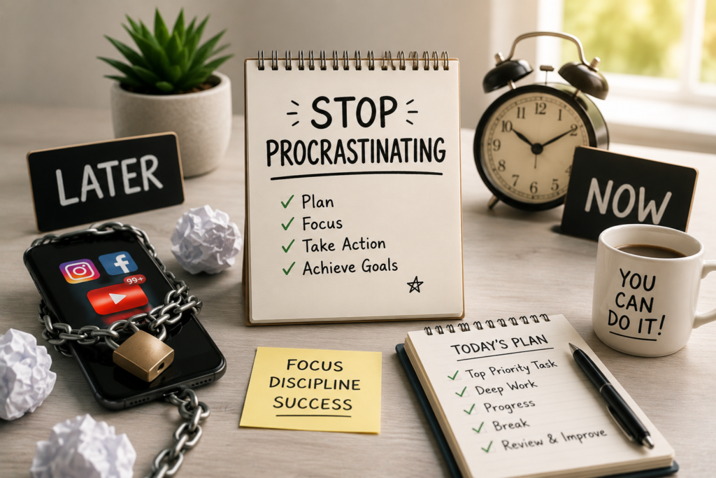 Organized workspace with notebook, clock, smartphone, and productivity tools representing science-backed strategies to stop procrastinating and improve focus."