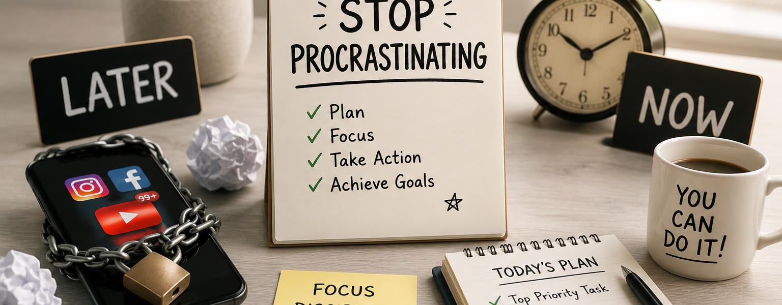 Organized workspace with notebook, clock, smartphone, and productivity tools representing science-backed strategies to stop procrastinating and improve focus."