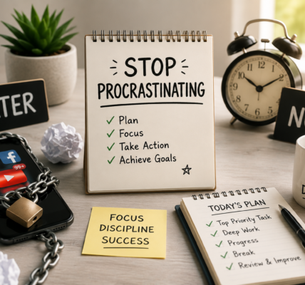 Organized workspace with notebook, clock, smartphone, and productivity tools representing science-backed strategies to stop procrastinating and improve focus."