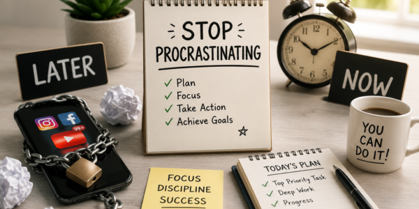 Organized workspace with notebook, clock, smartphone, and productivity tools representing science-backed strategies to stop procrastinating and improve focus."