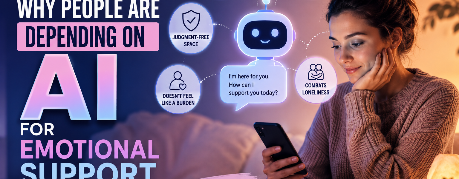 Woman using a smartphone to interact with an AI chatbot for emotional support, surrounded by icons representing reduced loneliness, a judgment-free space, anytime availability, and help organizing thoughts.