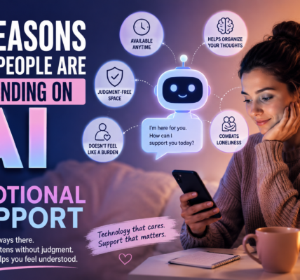 Woman using a smartphone to interact with an AI chatbot for emotional support, surrounded by icons representing reduced loneliness, a judgment-free space, anytime availability, and help organizing thoughts.