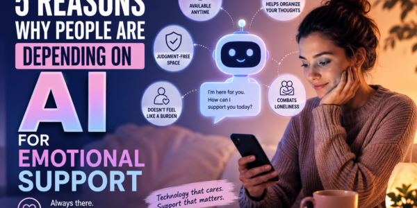 Woman using a smartphone to interact with an AI chatbot for emotional support, surrounded by icons representing reduced loneliness, a judgment-free space, anytime availability, and help organizing thoughts.