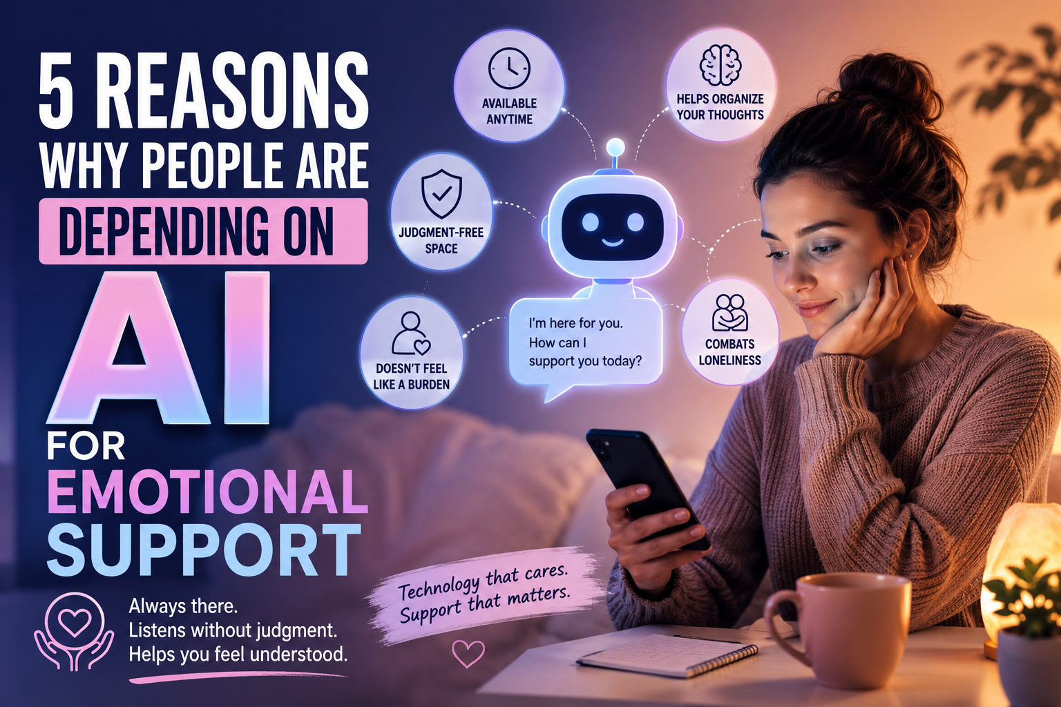 Woman using a smartphone to interact with an AI chatbot for emotional support, surrounded by icons representing reduced loneliness, a judgment-free space, anytime availability, and help organizing thoughts.
