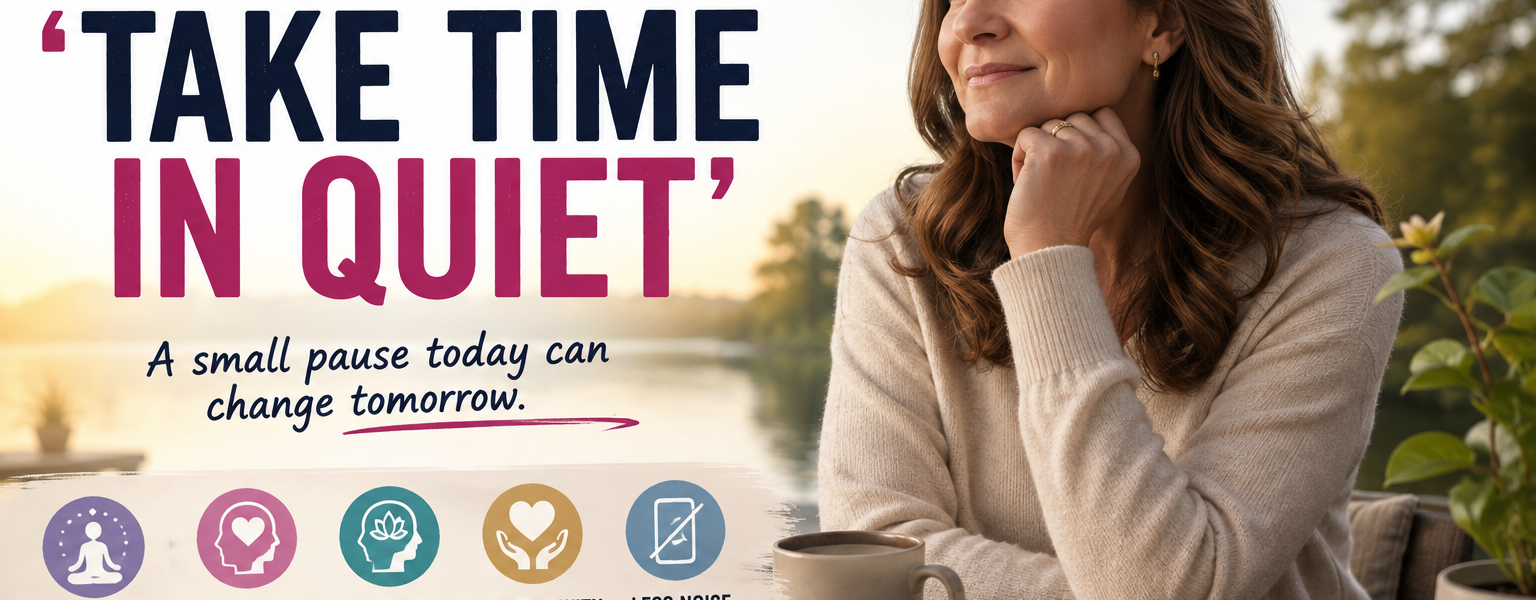 Woman reflecting quietly by a lakeside with a cup of coffee and journal, illustrating Melinda French Gates’ mental health advice to “take time in quiet” for self-care and well-being.