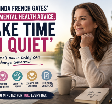Woman reflecting quietly by a lakeside with a cup of coffee and journal, illustrating Melinda French Gates’ mental health advice to “take time in quiet” for self-care and well-being.