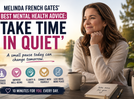 Woman reflecting quietly by a lakeside with a cup of coffee and journal, illustrating Melinda French Gates’ mental health advice to “take time in quiet” for self-care and well-being.