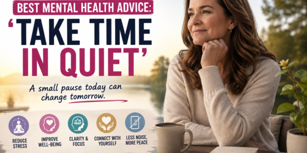 Woman reflecting quietly by a lakeside with a cup of coffee and journal, illustrating Melinda French Gates’ mental health advice to “take time in quiet” for self-care and well-being.