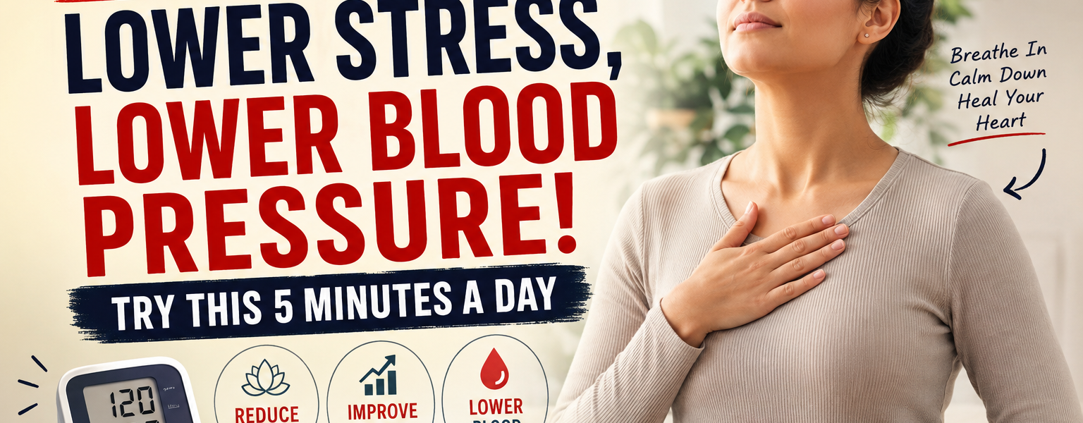 Woman practicing deep breathing to reduce stress and support healthy blood pressure, with a blood pressure monitor and heart-health symbols.