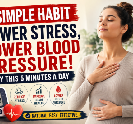 Woman practicing deep breathing to reduce stress and support healthy blood pressure, with a blood pressure monitor and heart-health symbols.