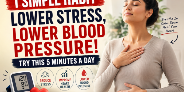 Woman practicing deep breathing to reduce stress and support healthy blood pressure, with a blood pressure monitor and heart-health symbols.