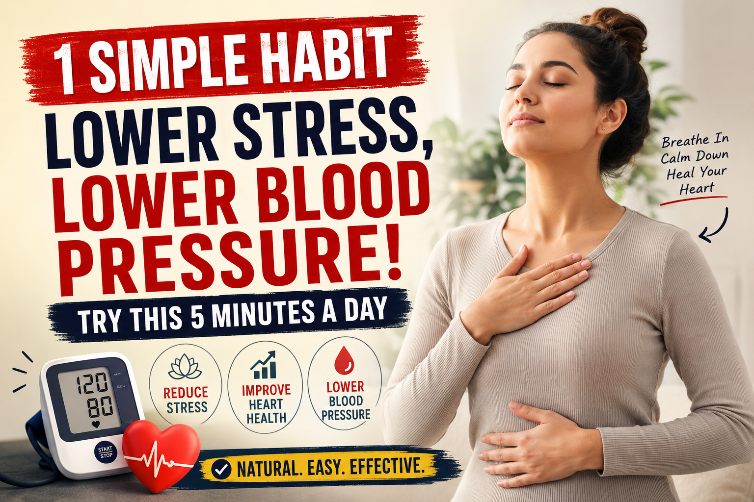 Woman practicing deep breathing to reduce stress and support healthy blood pressure, with a blood pressure monitor and heart-health symbols.