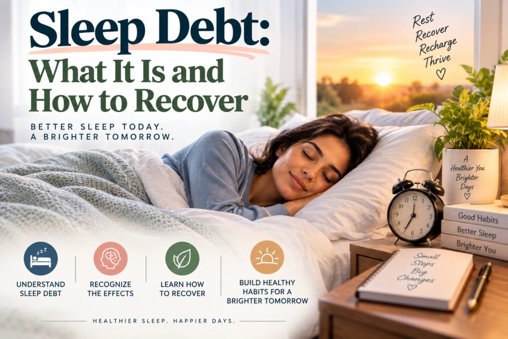Person sleeping peacefully in a cozy bedroom at sunrise, with soft bedding, a bedside alarm clock, plants, and a journal, illustrating sleep debt recovery and healthy sleep habits.