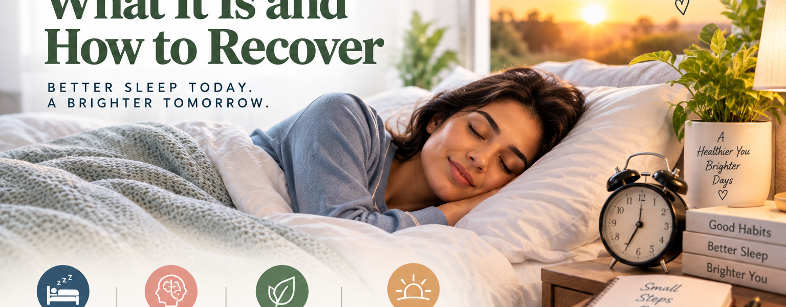 Person sleeping peacefully in a cozy bedroom at sunrise, with soft bedding, a bedside alarm clock, plants, and a journal, illustrating sleep debt recovery and healthy sleep habits.