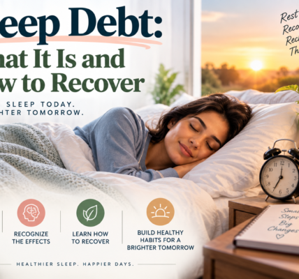 Person sleeping peacefully in a cozy bedroom at sunrise, with soft bedding, a bedside alarm clock, plants, and a journal, illustrating sleep debt recovery and healthy sleep habits.