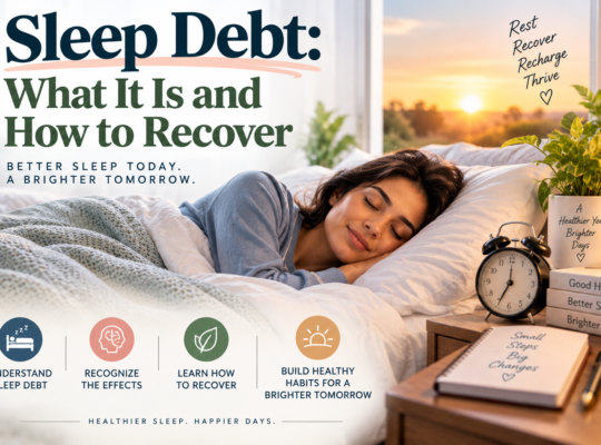Person sleeping peacefully in a cozy bedroom at sunrise, with soft bedding, a bedside alarm clock, plants, and a journal, illustrating sleep debt recovery and healthy sleep habits.