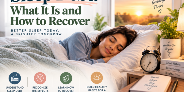 Person sleeping peacefully in a cozy bedroom at sunrise, with soft bedding, a bedside alarm clock, plants, and a journal, illustrating sleep debt recovery and healthy sleep habits.