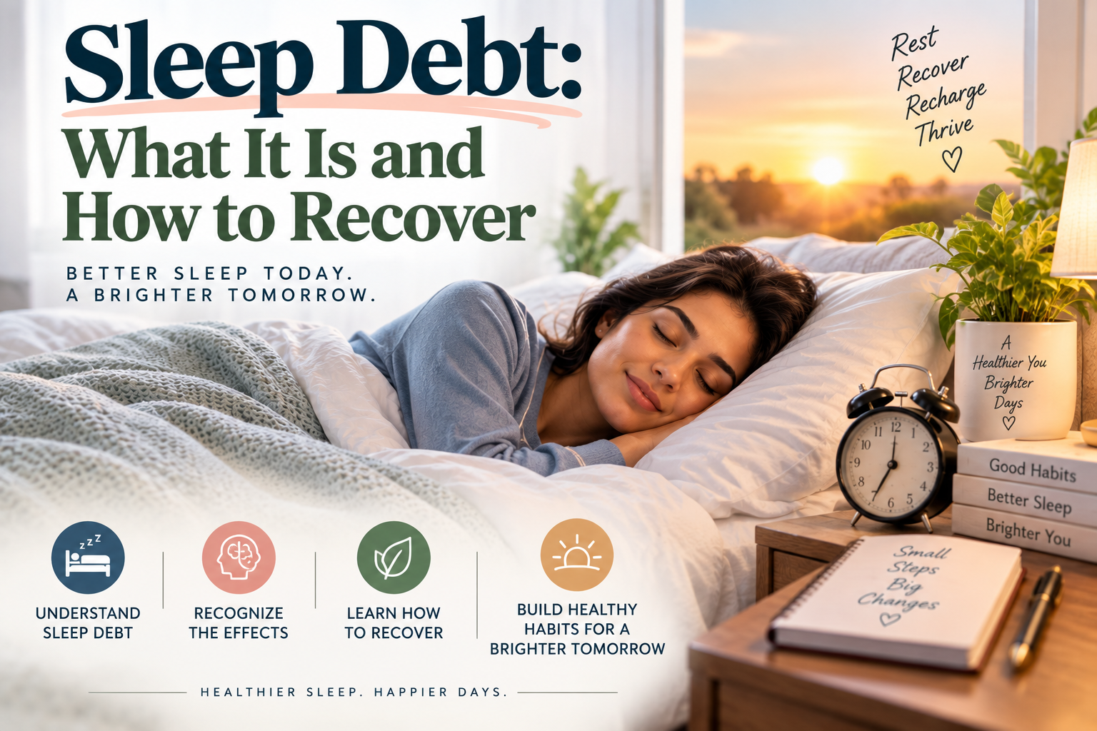 Person sleeping peacefully in a cozy bedroom at sunrise, with soft bedding, a bedside alarm clock, plants, and a journal, illustrating sleep debt recovery and healthy sleep habits.