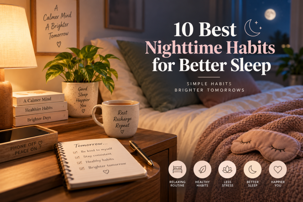 Cozy nighttime bedroom with warm lighting, a comfortable bed, a journal, herbal tea, an eye mask, and a phone placed away, illustrating healthy nighttime habits for better sleep.