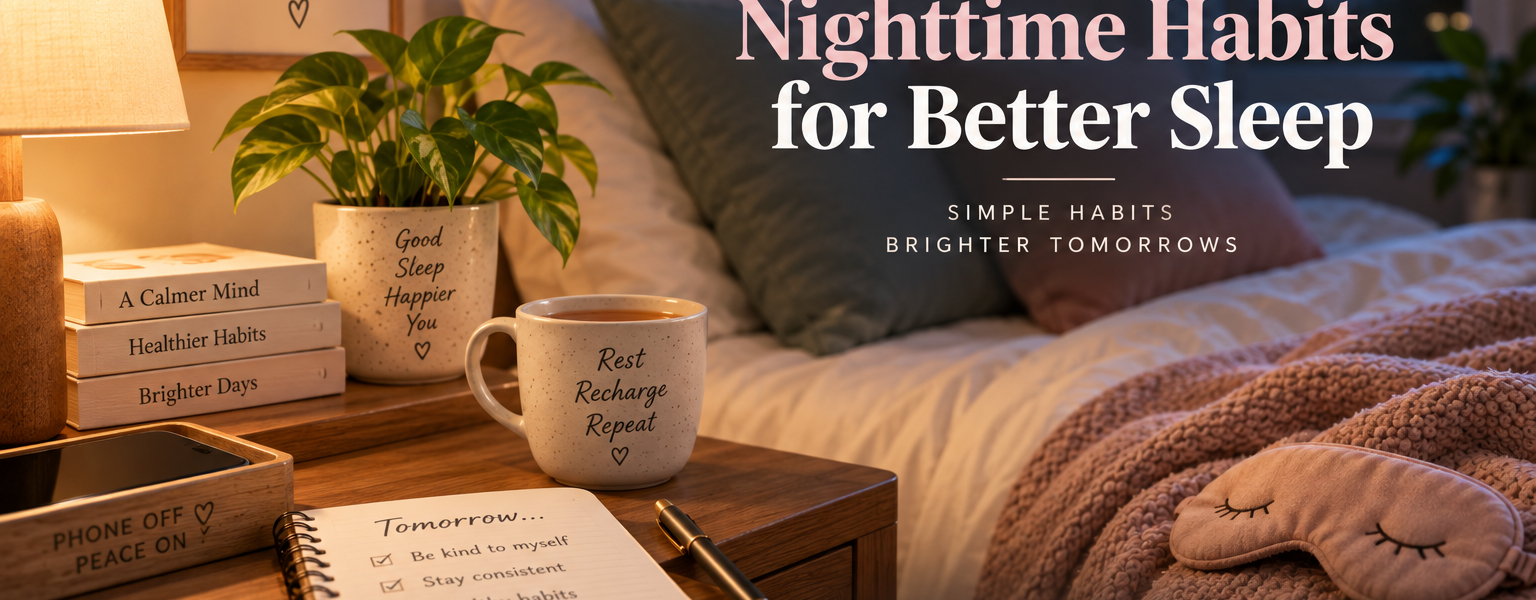 Cozy nighttime bedroom with warm lighting, a comfortable bed, a journal, herbal tea, an eye mask, and a phone placed away, illustrating healthy nighttime habits for better sleep.