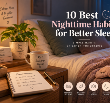 Cozy nighttime bedroom with warm lighting, a comfortable bed, a journal, herbal tea, an eye mask, and a phone placed away, illustrating healthy nighttime habits for better sleep.