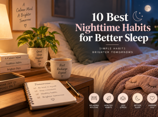 Cozy nighttime bedroom with warm lighting, a comfortable bed, a journal, herbal tea, an eye mask, and a phone placed away, illustrating healthy nighttime habits for better sleep.