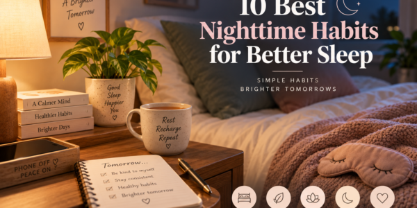 Cozy nighttime bedroom with warm lighting, a comfortable bed, a journal, herbal tea, an eye mask, and a phone placed away, illustrating healthy nighttime habits for better sleep.