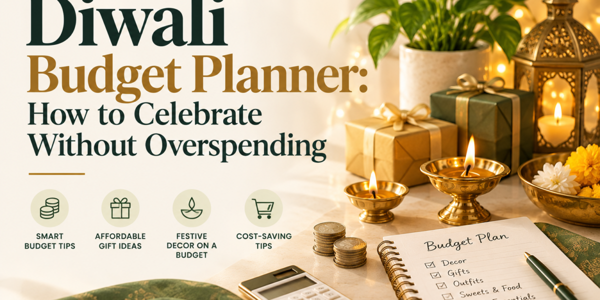 Diwali budget planner featuring festive diyas, gifts, a calculator, and a notebook with a budget checklist, illustrating ways to celebrate Diwali without overspending.