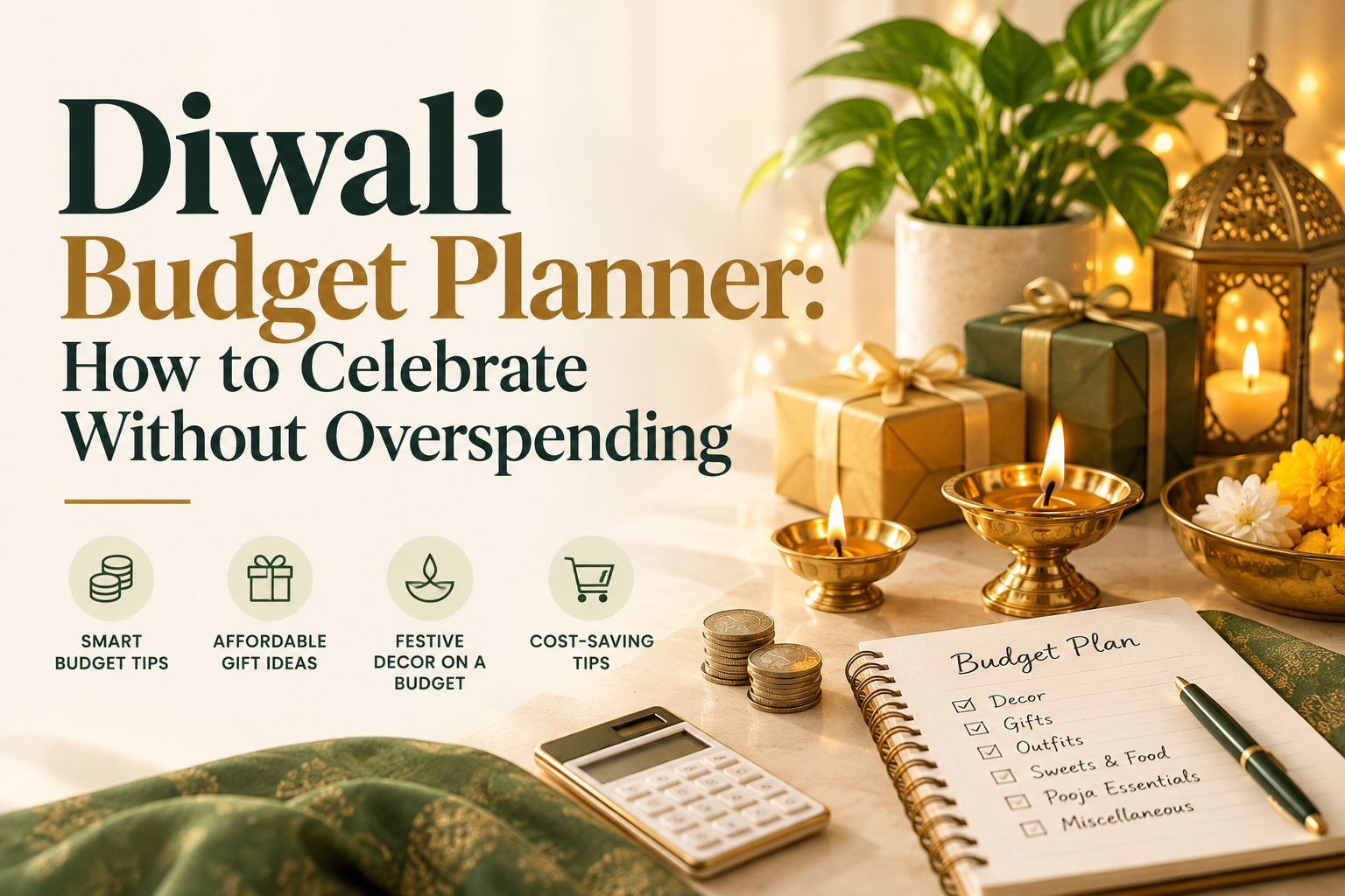 Diwali budget planner featuring festive diyas, gifts, a calculator, and a notebook with a budget checklist, illustrating ways to celebrate Diwali without overspending.