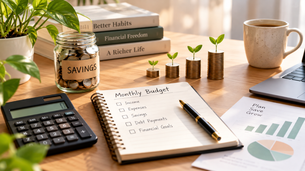 A monthly budget planner with a calculator, savings jar, growing coin stacks, and financial charts on a desk, representing money management and wealth building.