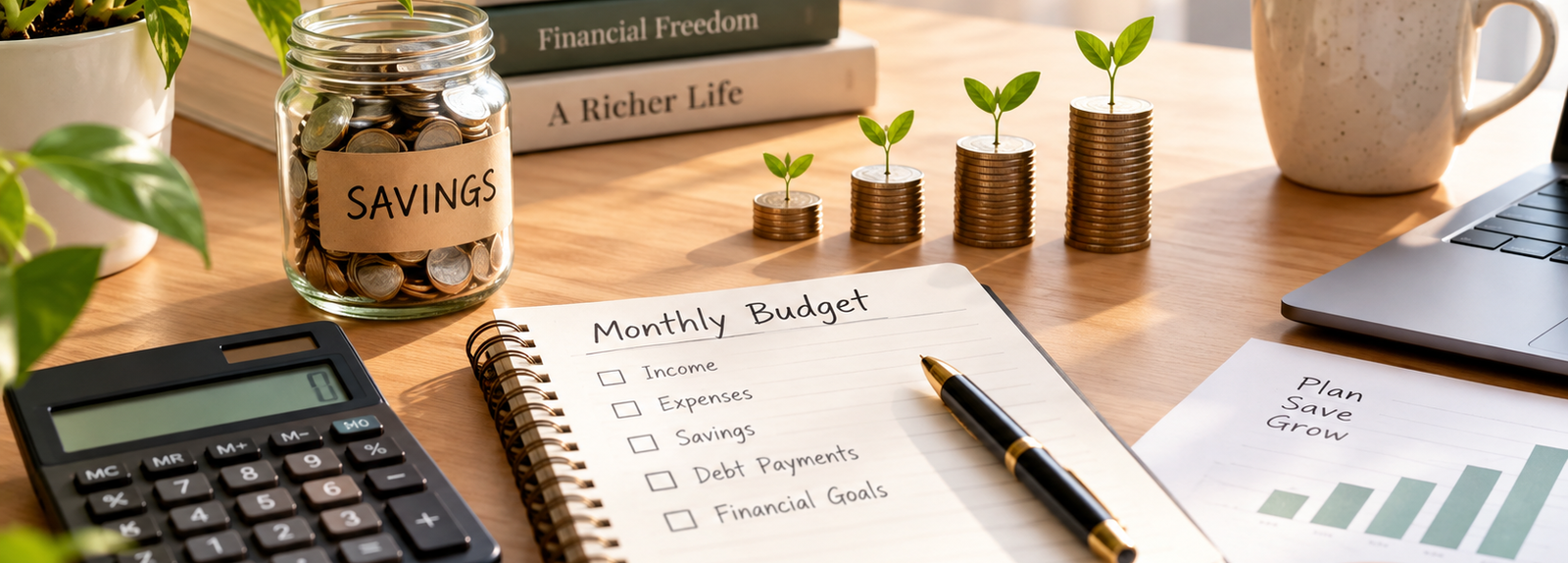 A monthly budget planner with a calculator, savings jar, growing coin stacks, and financial charts on a desk, representing money management and wealth building.