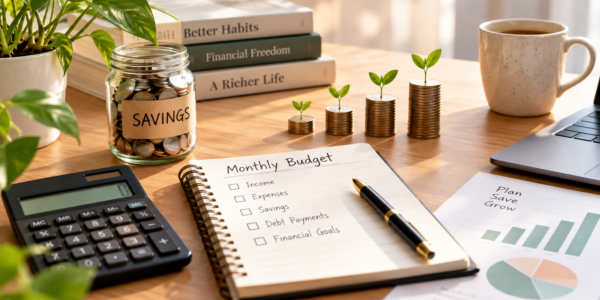 A monthly budget planner with a calculator, savings jar, growing coin stacks, and financial charts on a desk, representing money management and wealth building.