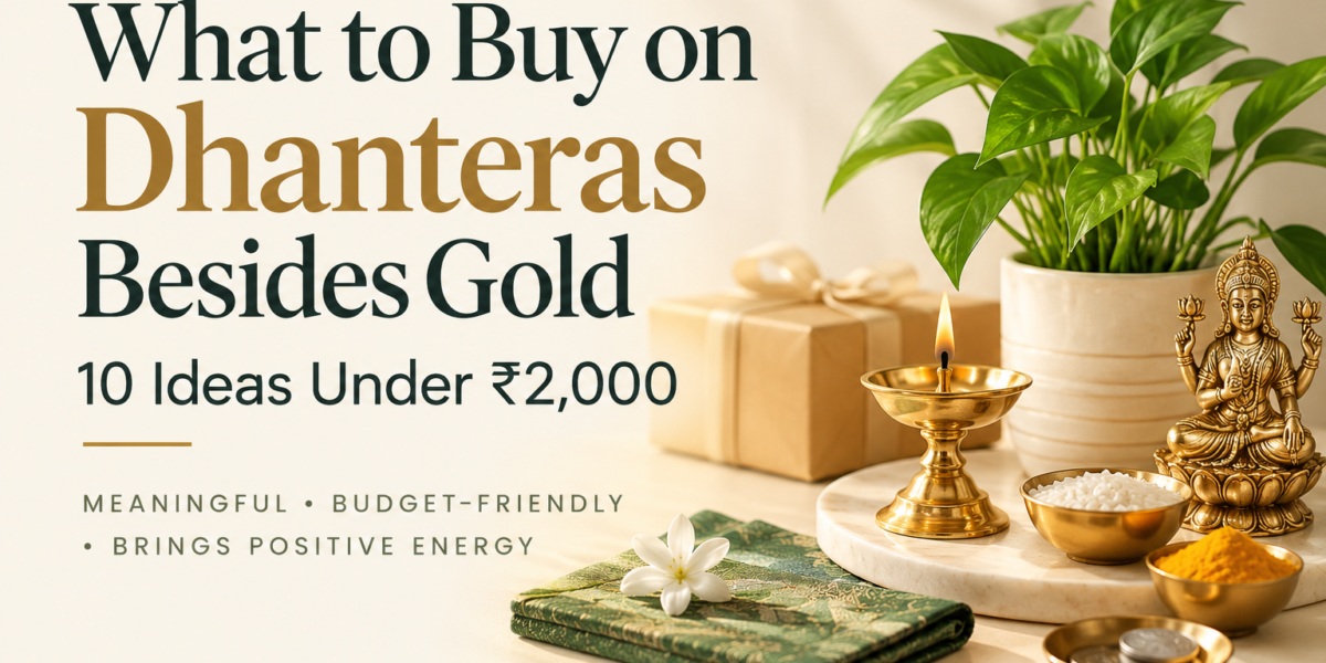 Dhanteras shopping ideas besides gold under ₹2,000 featuring a brass diya, Lakshmi idol, money, indoor plant and festive gifts.