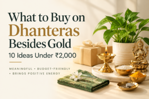 Dhanteras shopping ideas besides gold under ₹2,000 featuring a brass diya, Lakshmi idol, money, indoor plant and festive gifts.